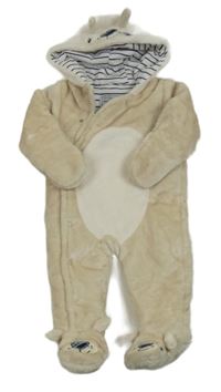 Smetanovo-biela plyšová zateplená kombinéza s kapucí - medvěď zn. M&Co.