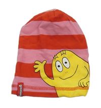 Růžovo-červená pruhovaná bavlněná čepice s příšerkou 