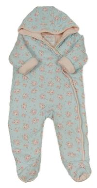 Světlemodro-růžová květovaná zateplená kombinéza s kapucí Miniclub