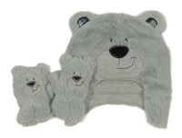 2 set - světlešedá kožešinová podšitá čepice s medvědem + rukavice Debenhams