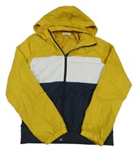 Okrovo-bílo-tmavomodrá šusťáková podzimní bunda s kapucí H&M