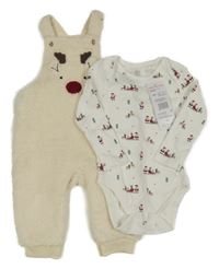 Nové - 2 set - biele body s vánočními obrázky + smotanové huňaté na traké tepláky so sobom F&F