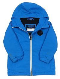 Modrá šušťáková jesenná zateplená bunda s kapucňou a nášivkou Dopodopo