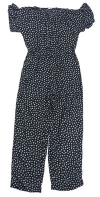 Černý puntíkatý lehký kalhotový overal s květy H&M