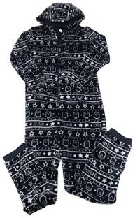 Tmavomodro-bílá vzorovaná plyšová kombinéza s kapucí Yigga