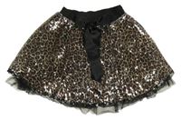 Čierno-béžovo-hnedá sukňa s flitrami a leopardím vzorom a mašlou