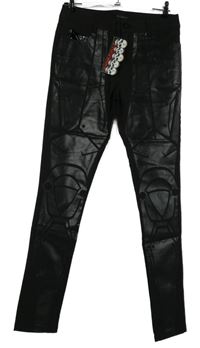 Nové - Dámske čierne potiahnuté é vzorované nohavice