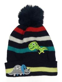 Tmavomodro-barevná pruhovaná čepice s dinosaury a bambulí