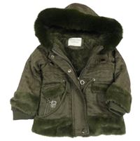 Khaki-hnědá vzorovaná semišová zateplená bunda s kapucí 