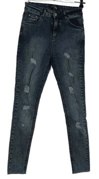 Dámske tmavomodré hig waist rozstrapkané é rifle s vyšúchaním Select