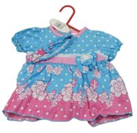 2set - Modro-růžové puntíkaté šaty s krajkou a květy + čelenka 