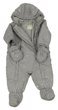 Sivá šušťáková zimná kombinéza s hviezdami a kapucí + rukavice C&A