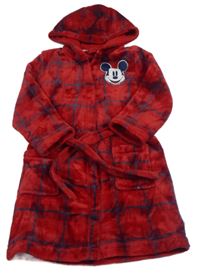 Červeno-modrý kostkovaný chlupatý župan s Mickeym a kapucí Disney