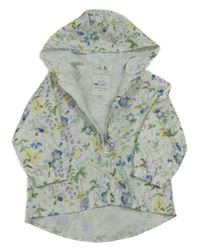 Bílo-zelená květovaná šusťáková jarní bunda s ptáčky a kapucí Tu