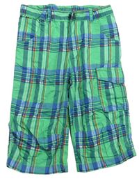 Zeleno-barevné kostkované plátěné crop kalhoty s kapsou 