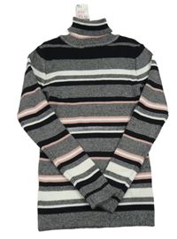 Nové - Čierno-sivo-ružový pruhovaný rebrovaný sveter s rolákom Primark