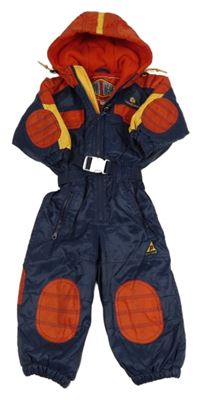 Tmavomodro-červená šusťáková zimní kombinéza s páskem a kapucí 