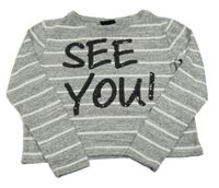 Sivo-biele pruhované úpletové crop tričko s nápisem z flitrů Page Young