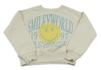 Smotanová crop mikina so smajlíkom a nápismi Smiley World