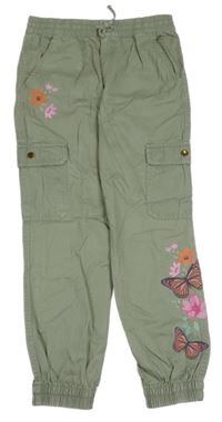 Khaki cargo plátěné kalhoty s květy a kapsami F&F