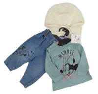Nové - 3Set - Smetanová kožešinová podšitá vesta s nášivkou a kapucí + modré paper bag rifle s Minnie + modrošedé triko Disney