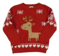 Červený melírovaný sveter so sobom s flitrami a vločkami a srdiečkami a trblietkami F&F