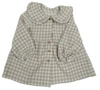 Světlehnědo-bílé kostkované mačkané propínací šaty s límečkem George