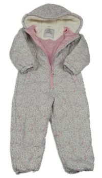 Smotanová kvietkovana prešívaná šušťáková zimná kombinéza s kapucňou George