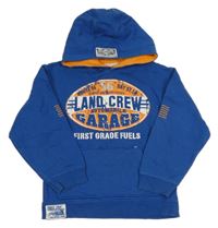 Cobaltově modrá mikina s míčem a nápisy a kapsou a kapucí Rebel