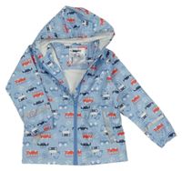 Svetlomodrá nepromokavá bunda s autami a autobusmi a buldozery a kapucňou lupilu