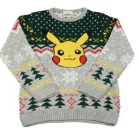 Sivo-smaragdový melírovaný pletený sveter s Pikachu