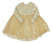 Smetanovo-meruňkové žebrované šaty se zlatými srdíčky a tylem name it.