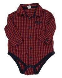 Červeno-tmavomodré kostkované košilové body s nápisy dopodopo