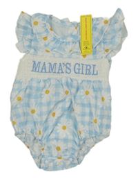 Nové - modro-biely kockovaný kraťasový overal s kopretinami a nápisom a volánikmi