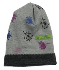 Šedo-tmavošedá melírovaná šmoulí teplá čepice s pampeliškami a nášivkou