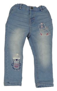 Světlemodré skinny teplákové rifle s medvídkem a tučňáčkem so cute