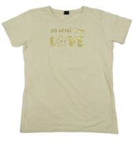 Vanilkové tričko so zlatými nápisy a květem KIDS