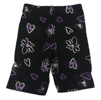 Čierne skvrnité elastické kraťasy so srdiečkami a kvetmi Primark