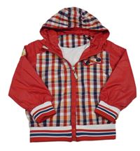 Červeno-kockovaná šušťáková jarná bunda s kapucňou