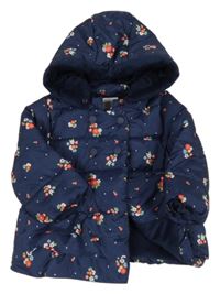 Tmavomodrá květovaná šusťáková zateplená bunda s kapucí Mayoral