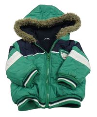 Zeleno-tmavomodro-biela šušťáková zateplená bunda s nášivkou a kapucňou