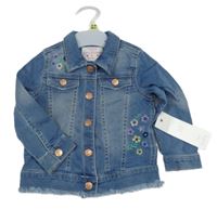 Nové - Modrá tepláková riflová bunda s výšivkami květů F&F