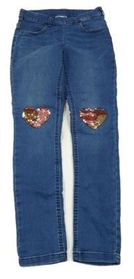 Modré džegíny se srdíčky z překlápěcích flitrů C&A