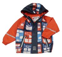 Tmavomodro-červená nepromokavá lehce zateplená bunda s autobusmi a kapucňou Lupilu