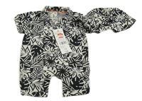 Nové - Světlešedo-černý vzorovaný plátěný kraťasový overal + klobouk F&F