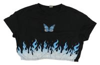 Čierne crop tričko s motýlom a ohněm Shein