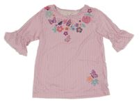 Ružovo-biele pruhované tričko s kvetinami a motýly Topolino