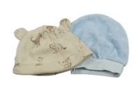 2x čepice - světlemodrá sametová + béžová s obrázkami