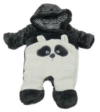 Tmavošedo-biela plyšová zateplená kombinéza s pandou a kapucňou F&F