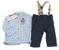 Nové - 2set - modro-biela kockovaná košeľa s medvídkem + šedomodré manšestráky s trakami